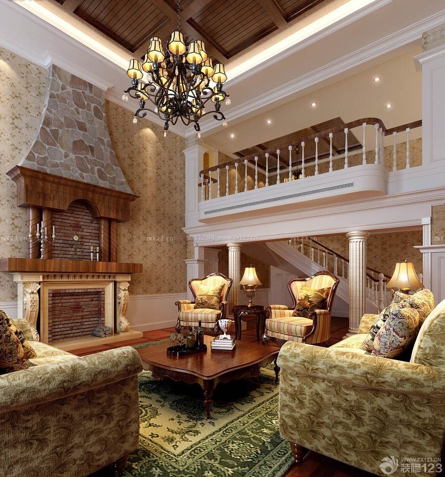 欧式家装挑高客厅木质吊顶装修效果图片