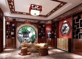 中式茶楼室内博古架墙装修效果图片