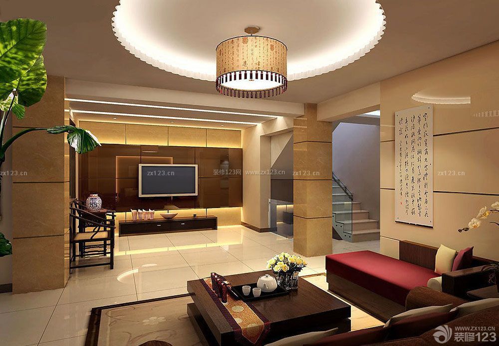 中式客厅圆形吊顶装修设计效果图片