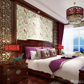 中式卧室飘窗 白色窗帘装修效果图片