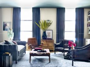 简约欧式客厅 蓝色窗帘装修效果图片