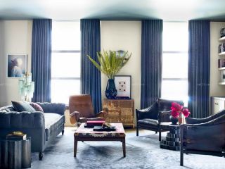 简约欧式客厅蓝色窗帘装修效果图片