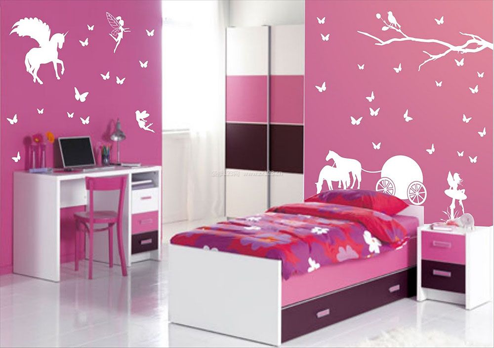 温馨粉色女生卧室手绘墙画效果图