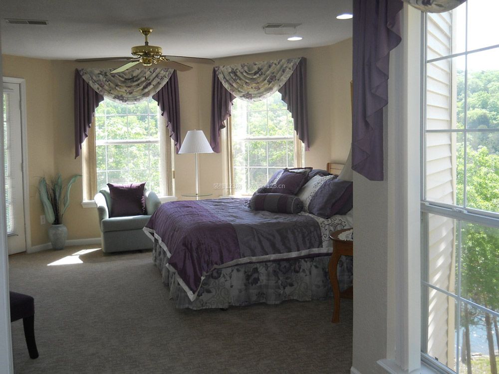 简欧卧室紫色窗帘装修效果图片
