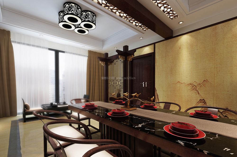 现代中式风格餐厅黄色窗帘装修效果图片