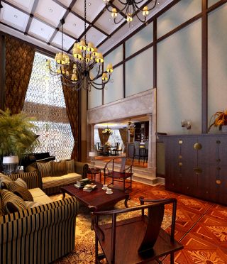 别墅客厅现代中式风格窗帘设计图片