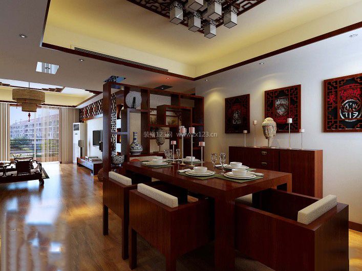 客厅和餐厅中式博古架隔断效果图片