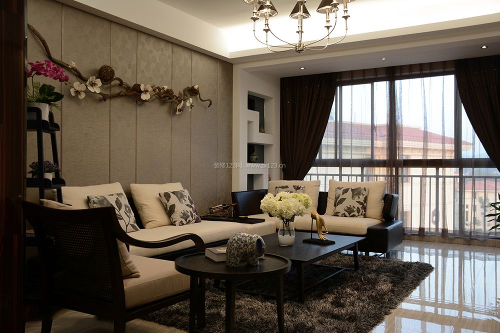现代中式客厅家装窗帘装修效果图