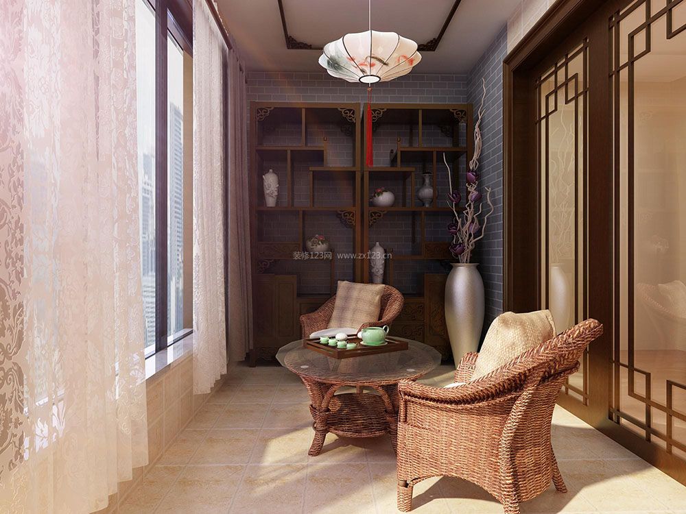 中式家装客厅阳台窗帘装修效果图