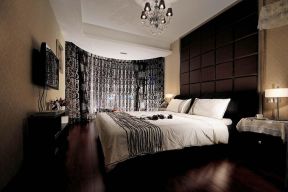 现代中式家装卧室印花窗帘效果图