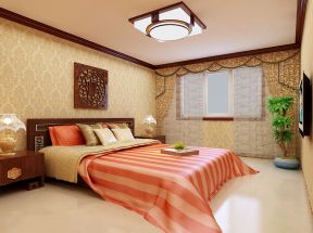 中式家装卧室印花窗帘效果图