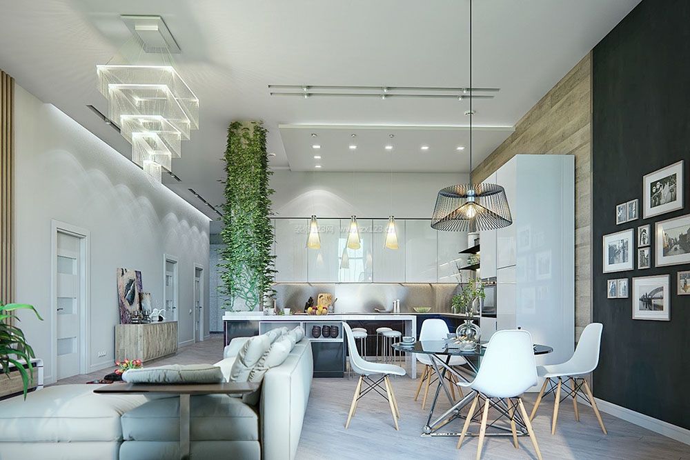 时尚家装室内设计混搭风格客厅餐厅厨房一体效果图