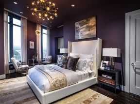 美式主卧室 紫色墙面装修效果图片