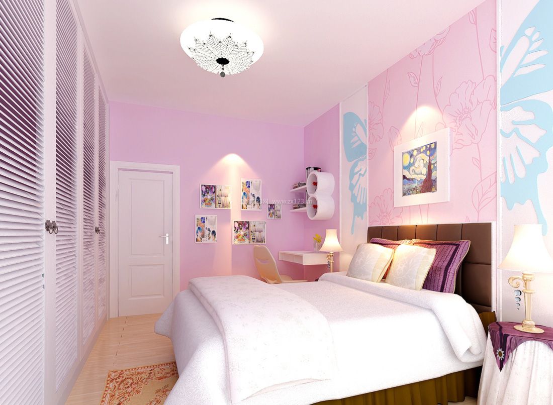 80平米简约女孩卧室床头背景墙装修效果图片