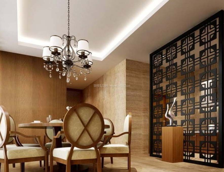 现代中式餐厅镂空雕花隔断装修效果图
