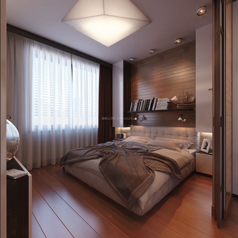 小户型房屋卧室木质床头背景墙装修设计效果图片