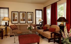 家装中式客厅 红色窗帘装修效果图片