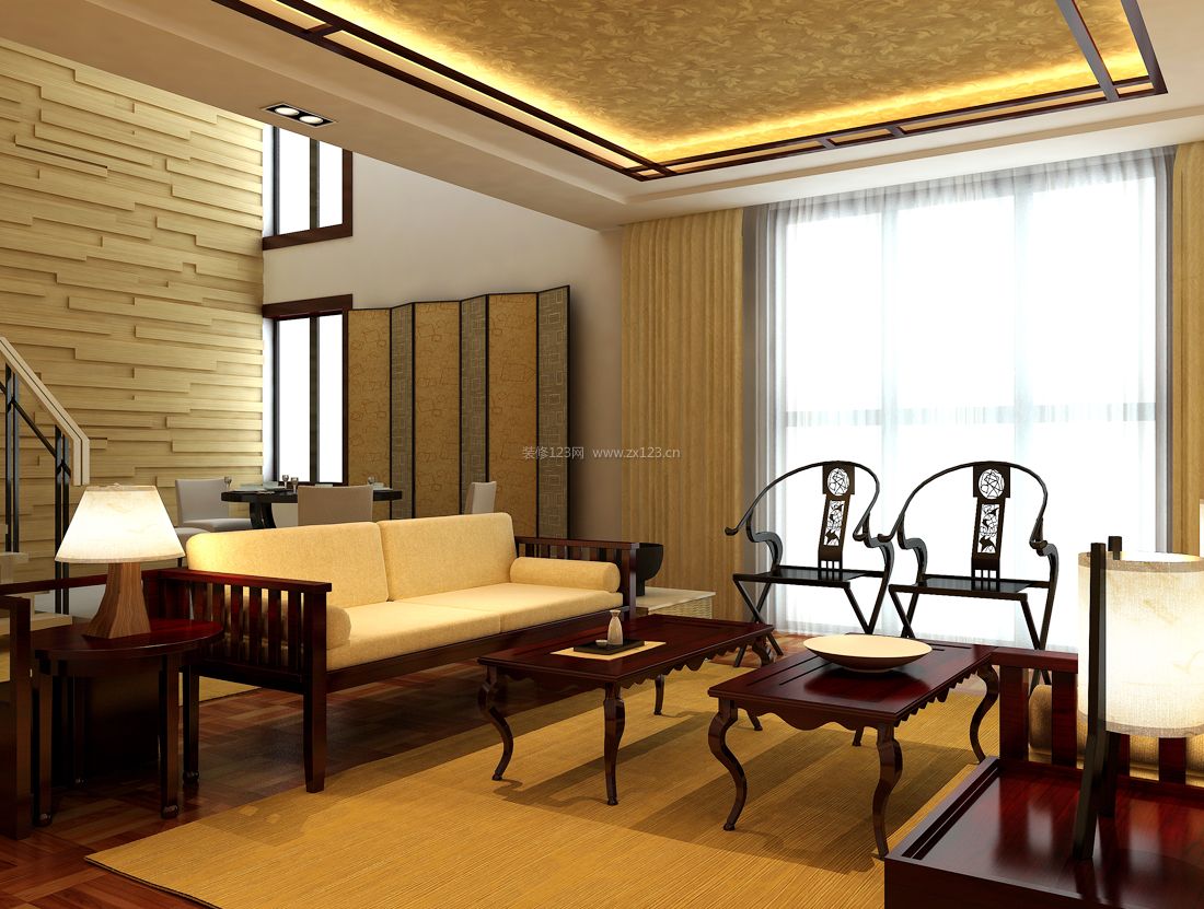 中式别墅室内设计红木客厅装修效果图片