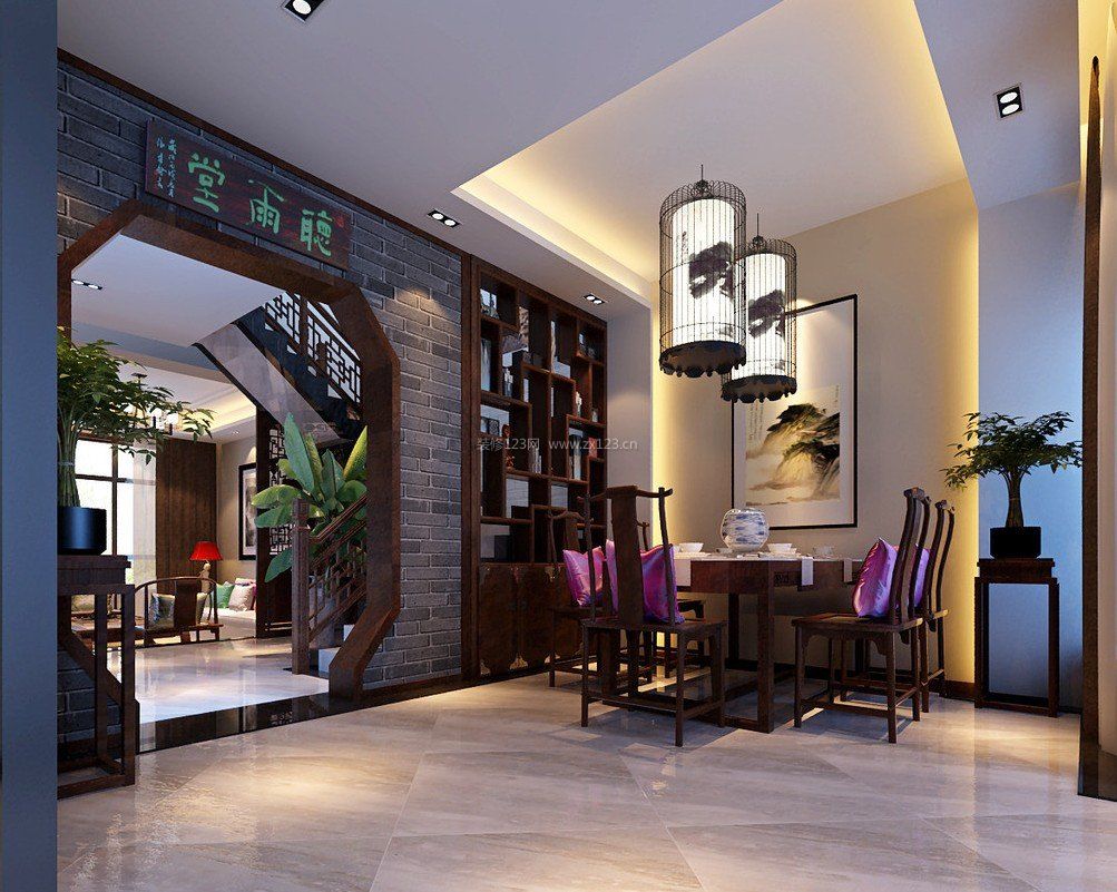 中式餐馆灰色地砖装修效果图片