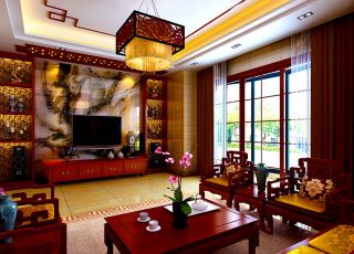 中式风格客厅电视瓷砖背景墙效果图