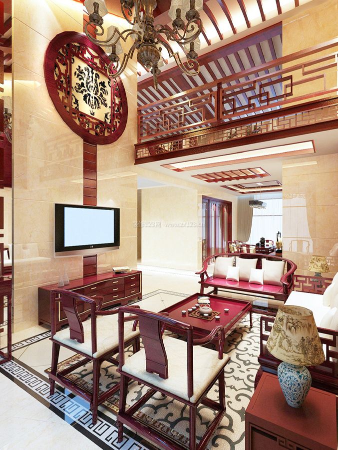 中式家居复式楼客厅设计元素装修效果图片
