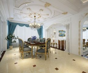 法式风格别墅餐厅蓝色窗帘装修效果图片