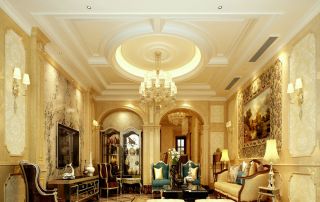法式风格别墅客厅黄色墙面装修效果图片