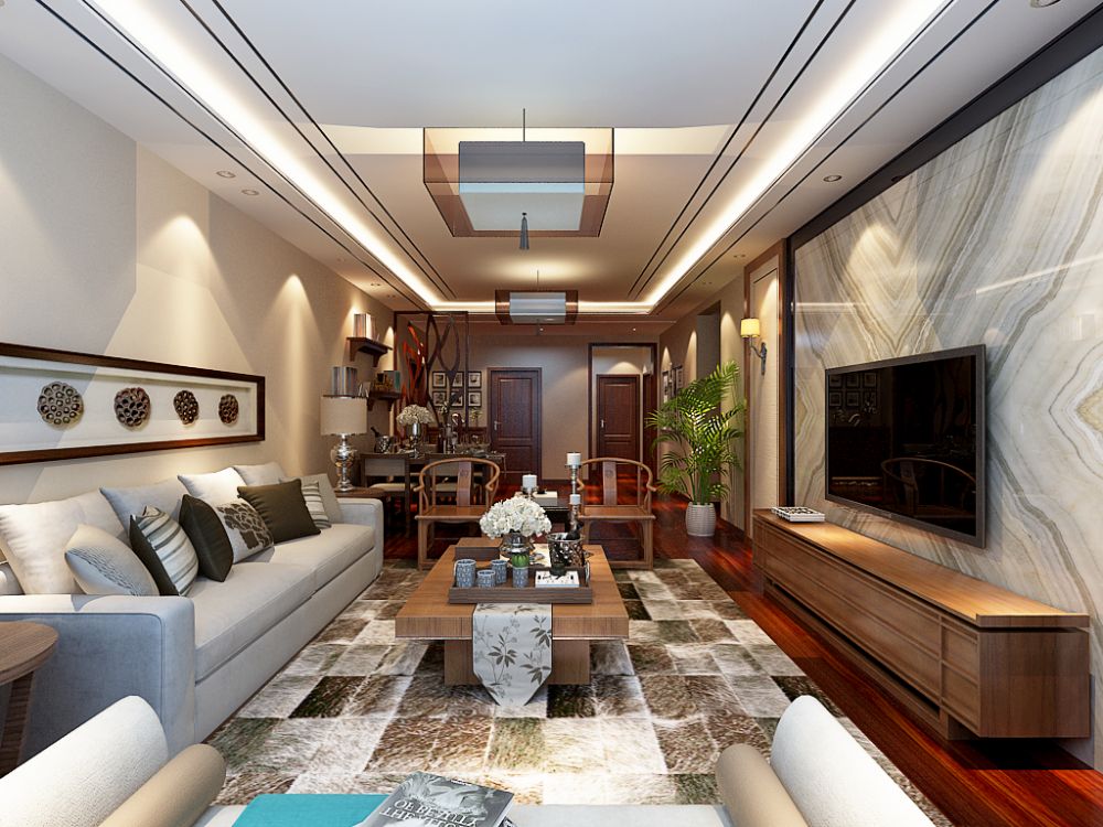 现代简约客厅木龙骨石膏板吊顶装修图