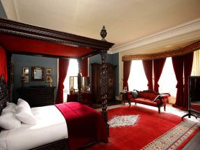 古典欧式风格卧室红色窗帘装修效果图片