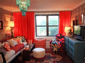 小户型客厅装修效果图 橙色窗帘装修效果图片