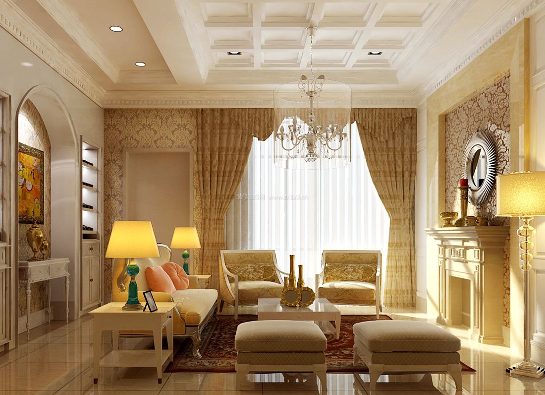 简欧别墅客厅设计黄色窗帘装修效果图片