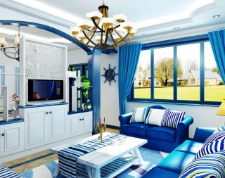 地中海风客厅蓝色窗帘装修效果图片