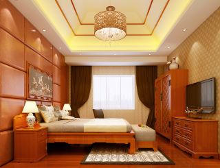 中式古典风格卧室床头背景墙效果图