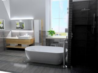 黑白风格简约卫浴展厅白色浴缸装修效果图