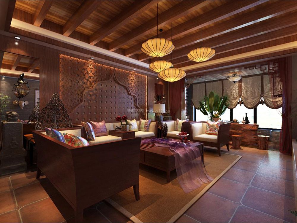 新东南亚风格客厅窗帘搭配效果图