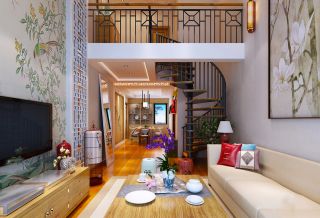 复式别墅中式家装客厅旋转楼梯设计效果图