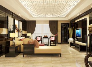 中式简约风格客厅沙发背景墙效果图