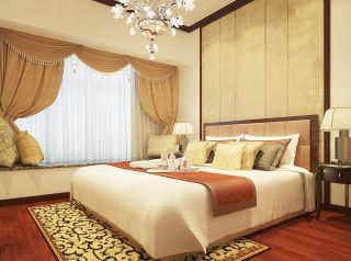 现代和中式混搭风格卧室布艺窗帘装修效果图片
