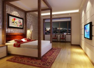 现代和中式混搭风格卧室双人床装修效果图片