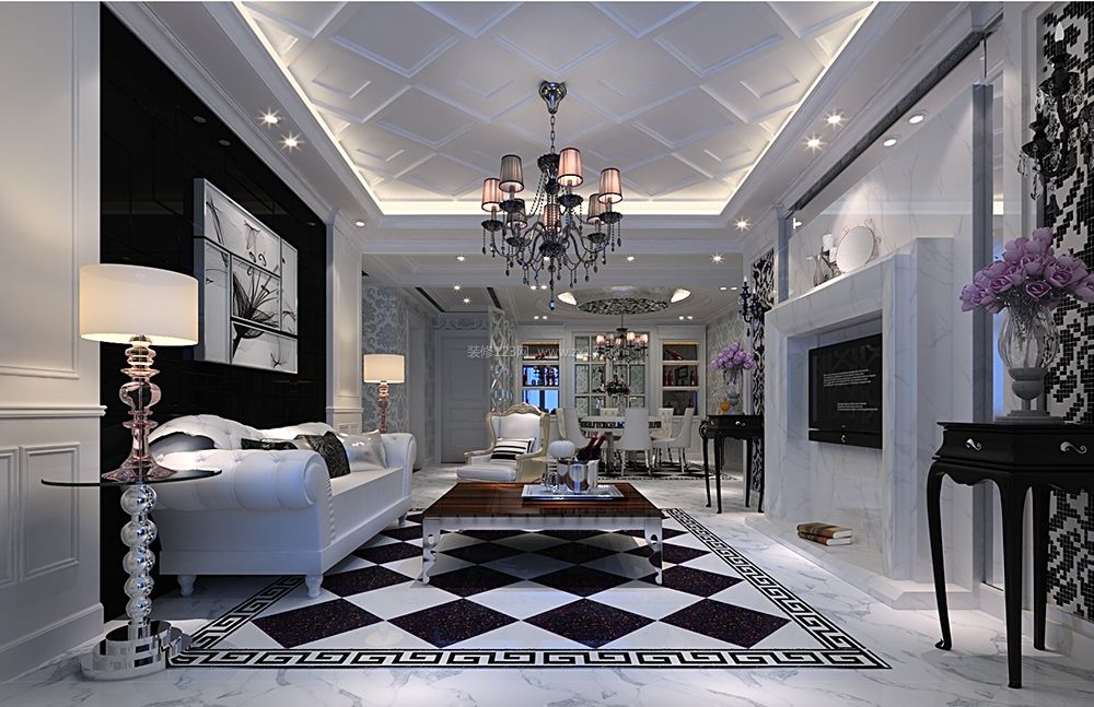 140平米欧式客厅黑白相间地砖装修效果图片