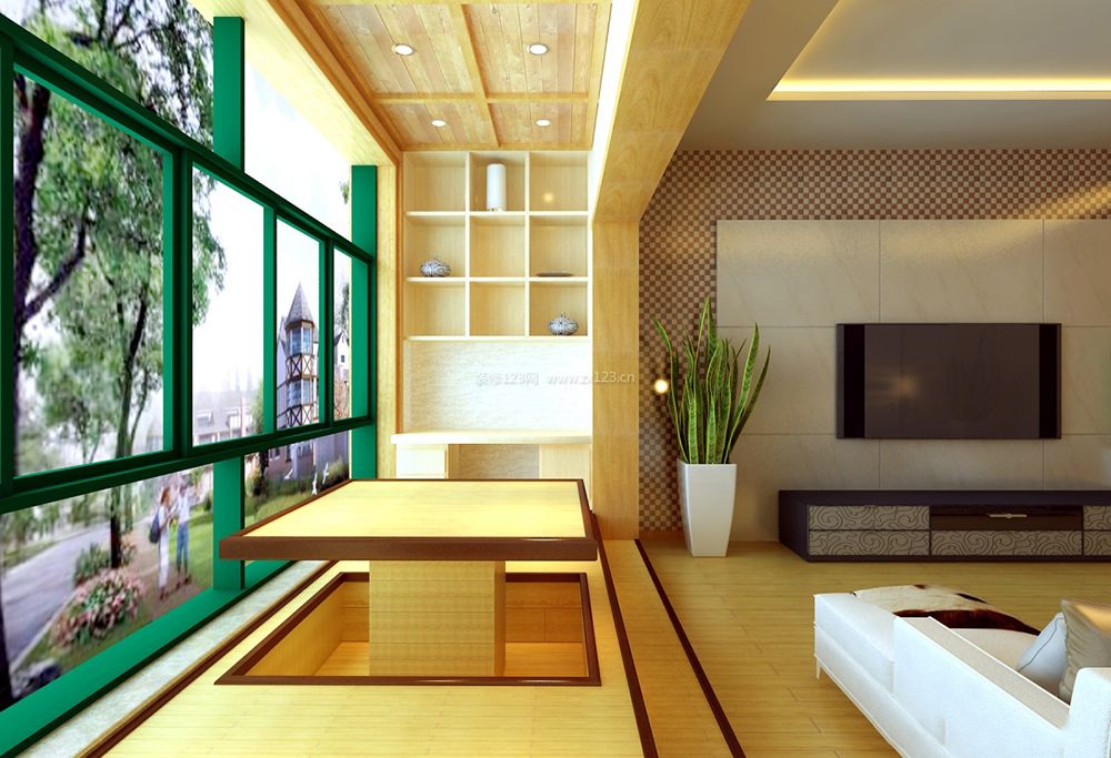 新中式风格客厅阳台榻榻米装修效果图