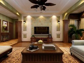 东南亚风格家庭装修 客厅电视墙壁纸图片