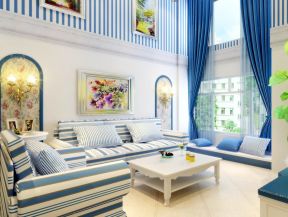 纯美地中海客厅蓝色窗帘装修效果图片