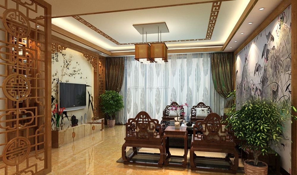中式家装客厅窗帘搭配效果图欣赏