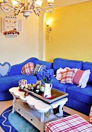 地中海风情客厅蓝色布艺沙发装修效果图片