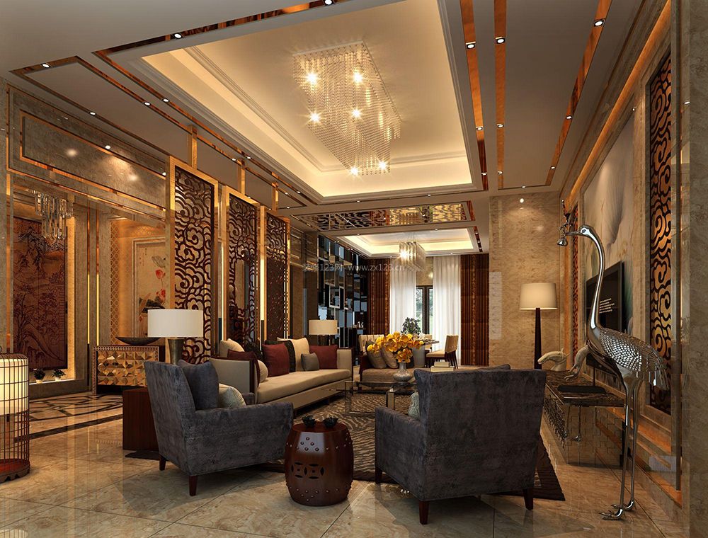 新中式客厅水晶灯装修效果图片