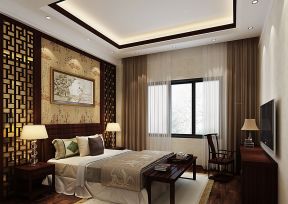 中式风格卧室图片 卡其色窗帘装修效果图片