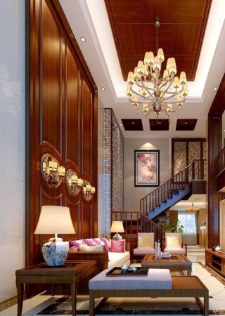 中式家装风格复式楼客厅灯具装修效果图片