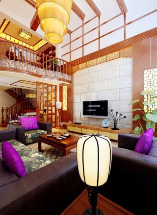中式风格复式楼客厅灯具装修图片