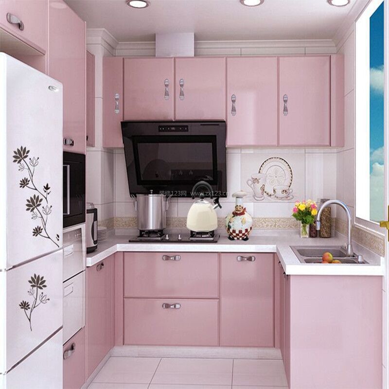 小户型家装厨房室内橱柜粉色门装修设计效果图片